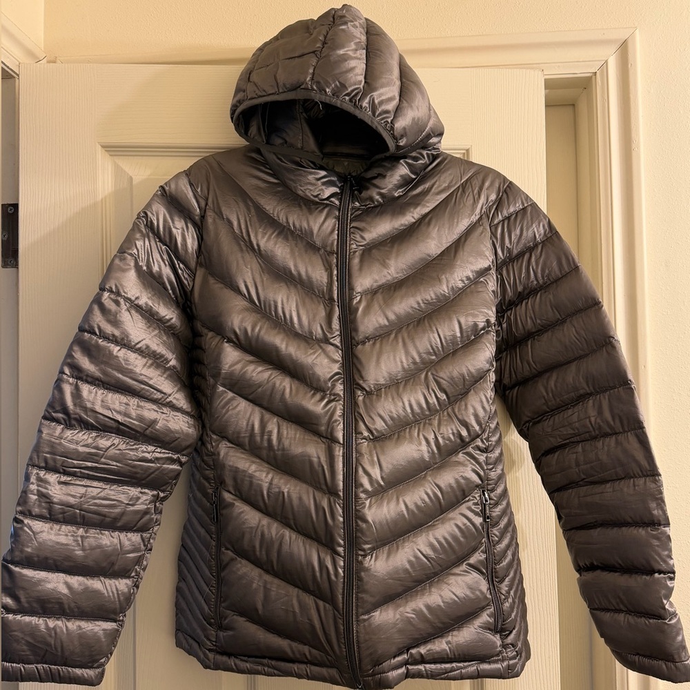 Calvin Klein Women's Metallic Gray Hooded Packable Lightweight Zip Jacket XL